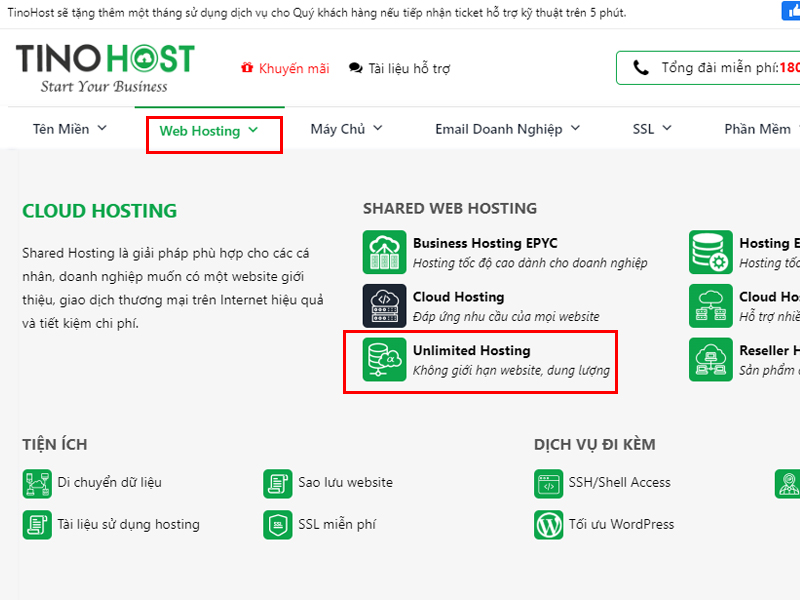 Cách đăng ký hosting không giới hạn dung lượng với tino
