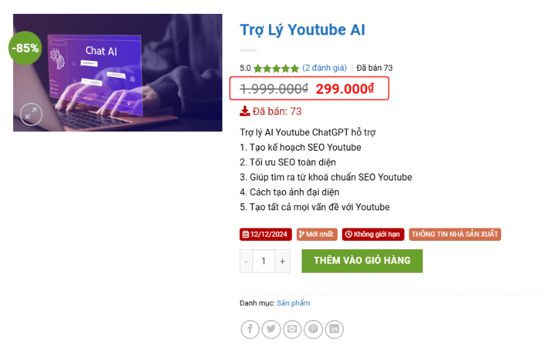 Trợ Lý ảo ChatGPT SEO Youtube đang ưu đãi giảm giá 85%, nhanh tay đăng ký kẻo về giá gốc nhé các bạn
