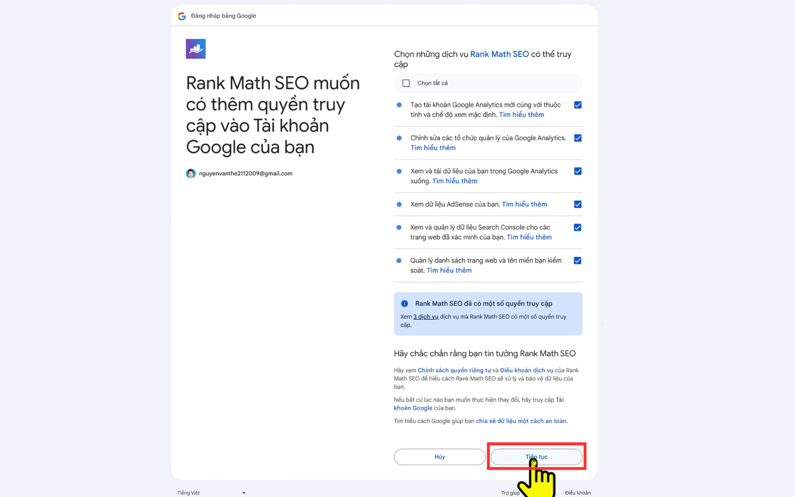 Tích vào hết những dịch vụ Rank Math SEO > tiếp tục
