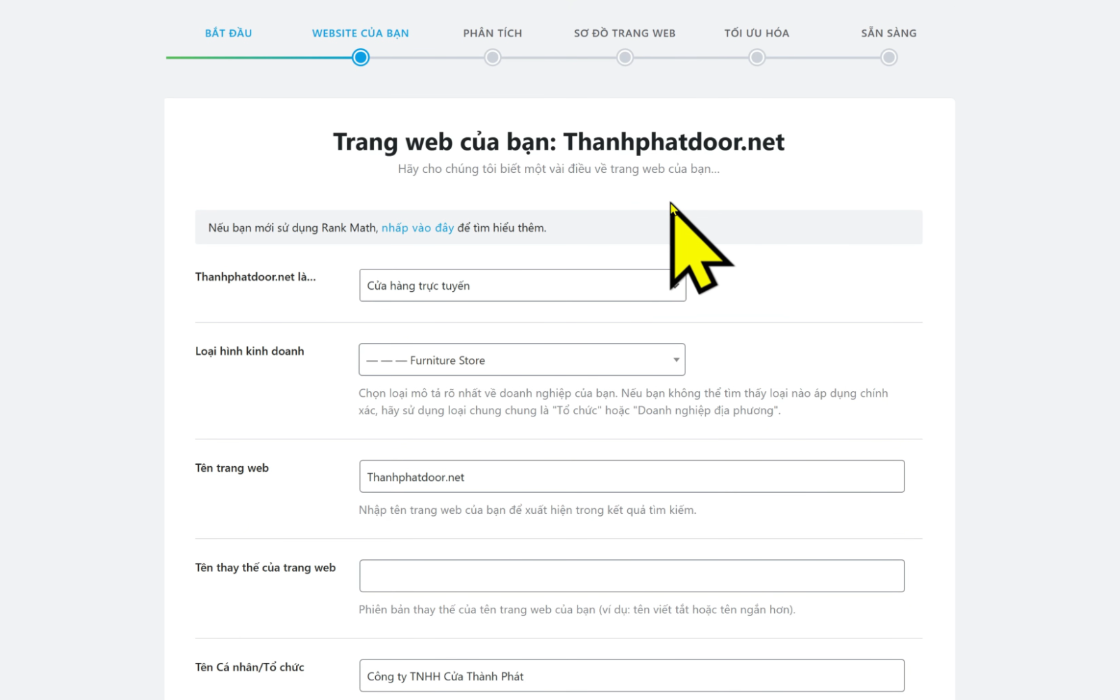 Cài đặt các mục thích hợp lĩnh vực website của bạn
