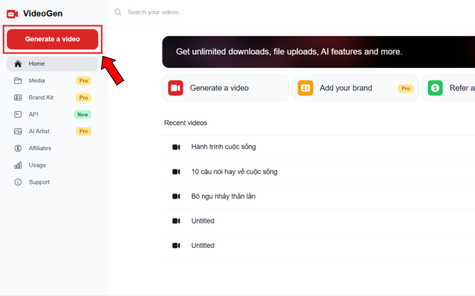 Bấm vào Tạo video (Generate a video)