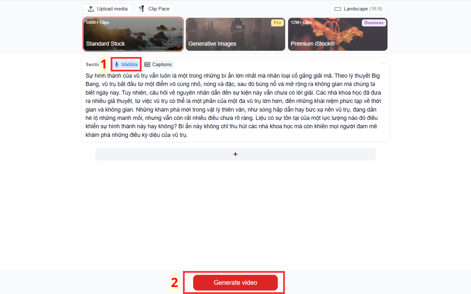 Chọn giọng đọc AI phù hợp -> Sau đó bấm Generate Video