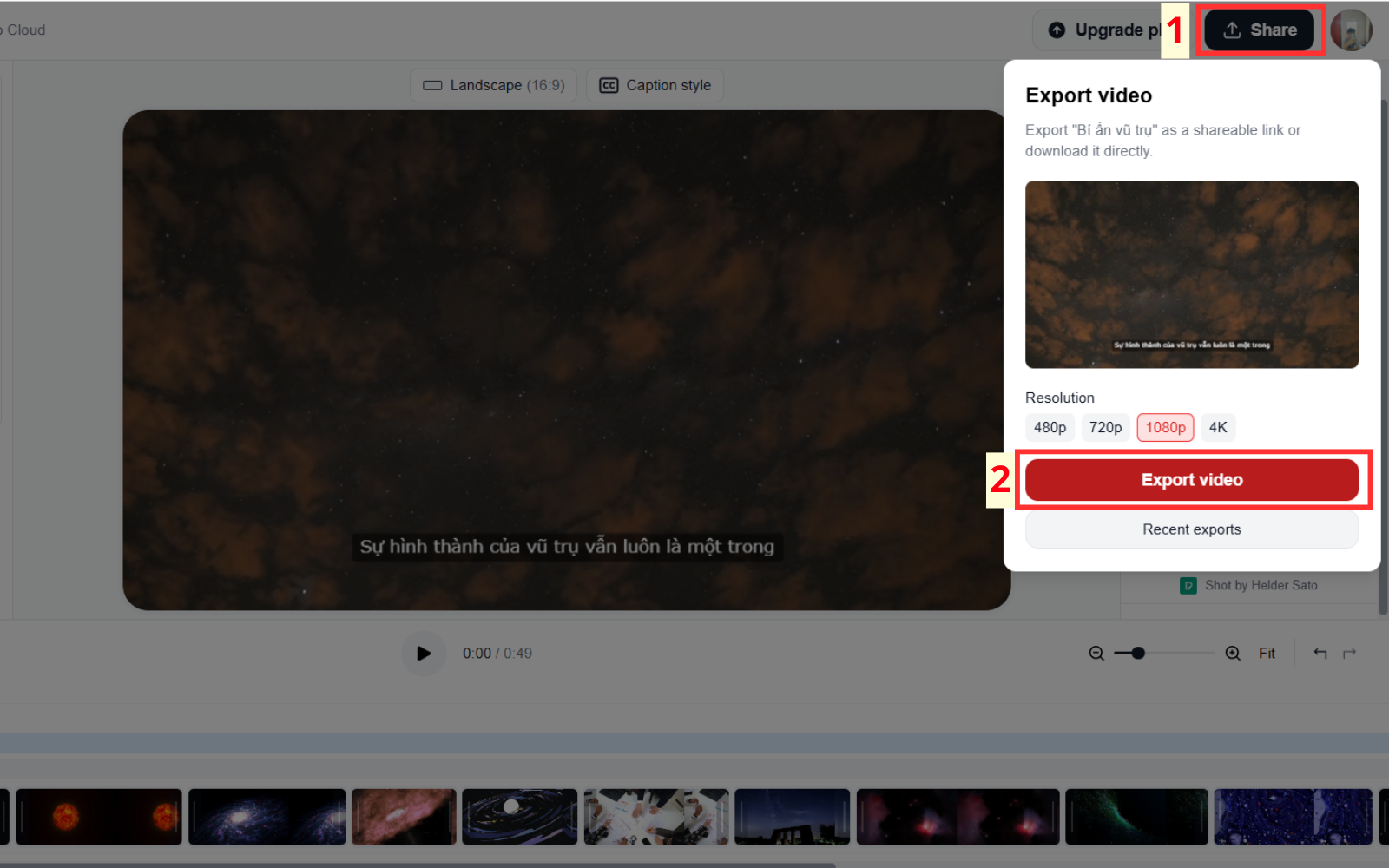 Bấm vào Share -> Export video