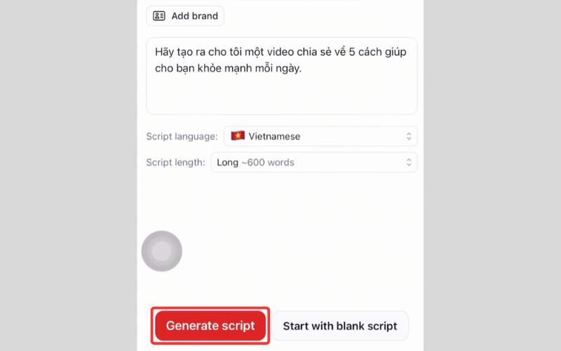 Nhấn "Generate Script" để hệ thống tự động tạo nội dung video