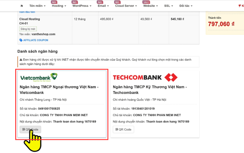 Chọn thanh toán bằng mã QR code -> Quét chuyển khoản cho inet