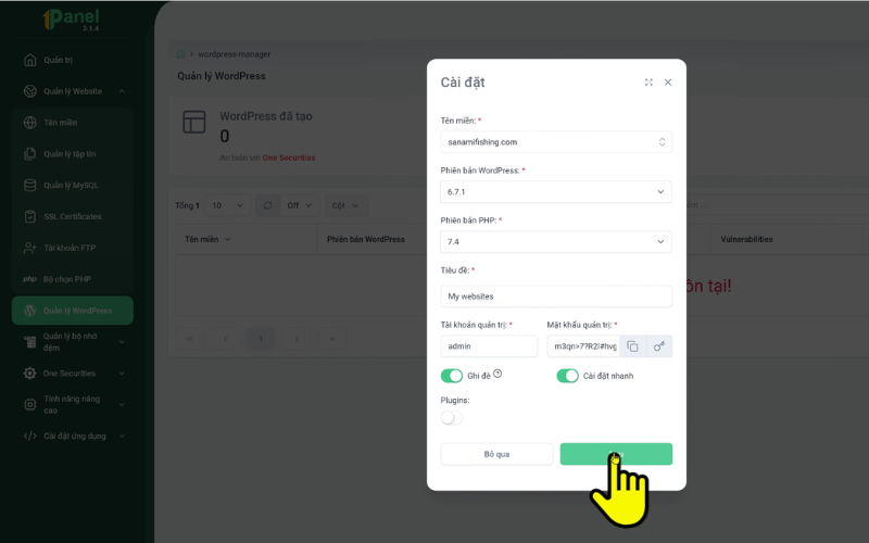 Chọn tên miền, phiên bản WordPress, phiên bản PHP, mật khẩu quản trị -> sau đó bấm lưu