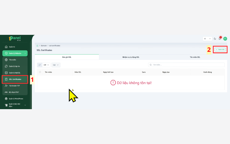 Chọn mục SSL Certificates -> thêm SSL