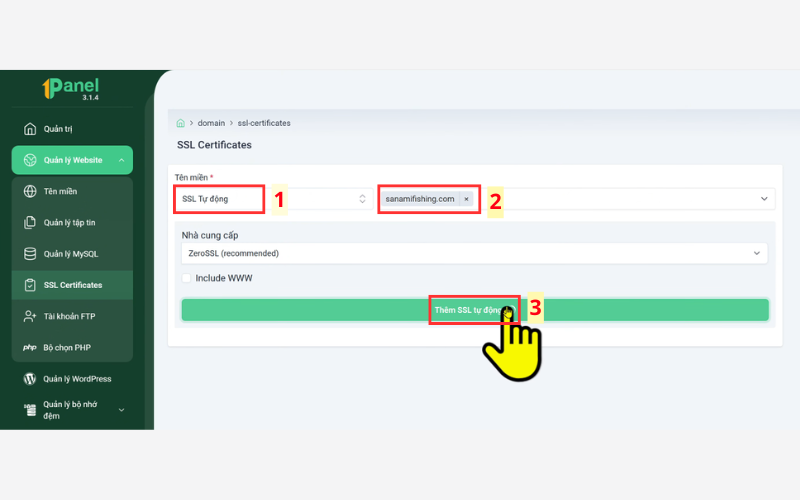 SSL tự động -> tên miền -> Thêm SSL tự động