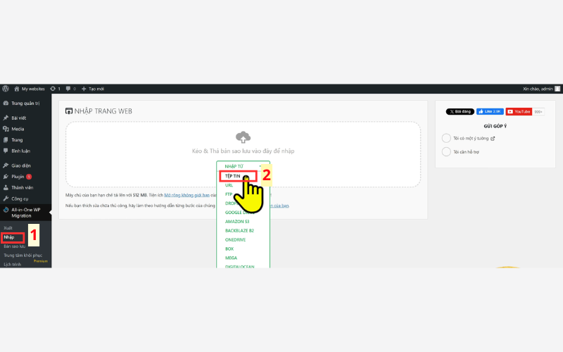 Chọn All-in-One WP Migration and Backup -> Nhập -> Tệp tin