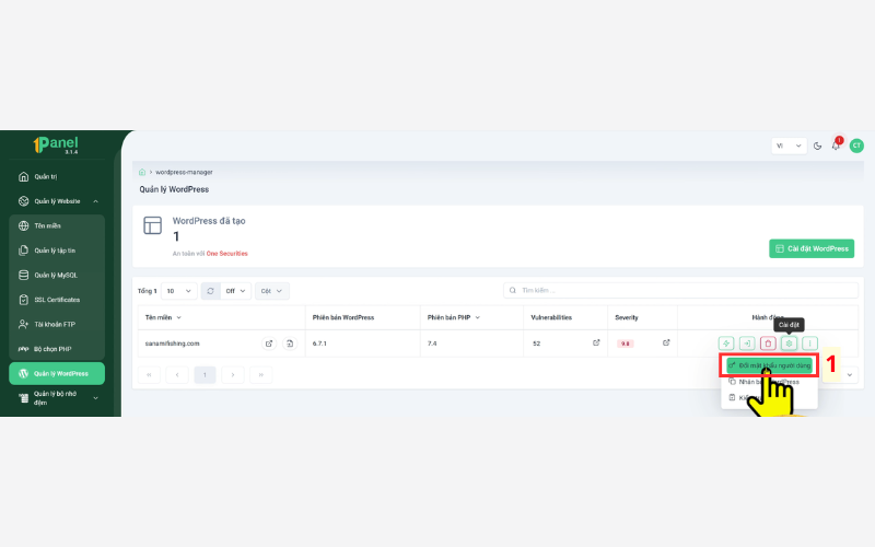 Chọn cài đặt -> Đổi mật khẩu người dùng
