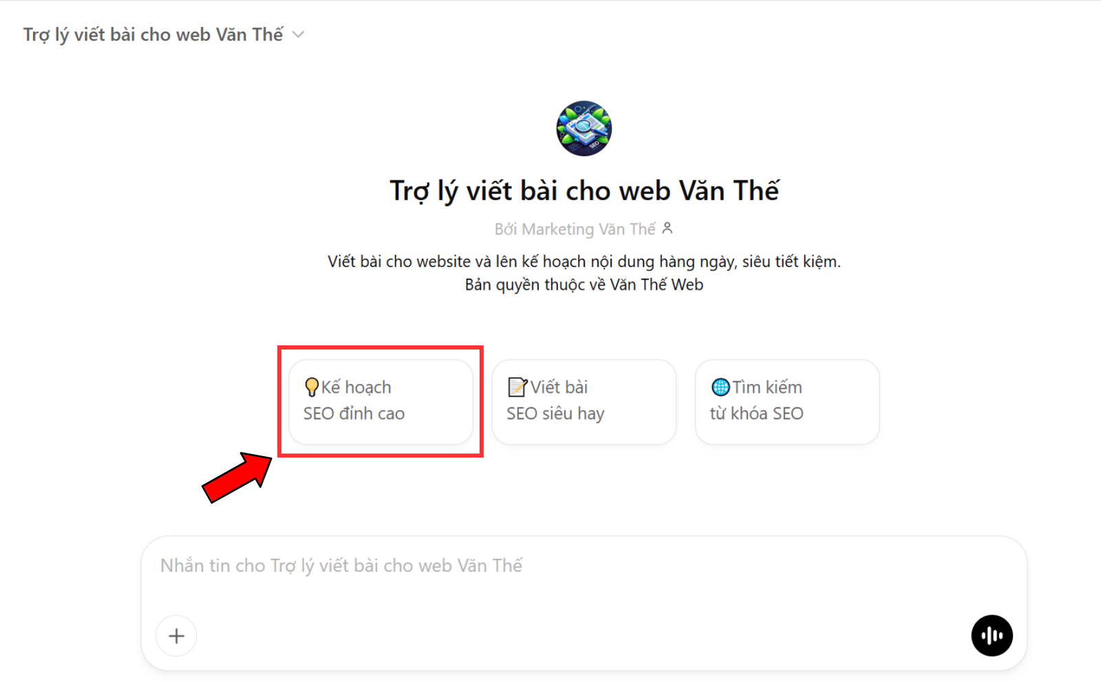 Chọn mục "Kế hoạch SEO đỉnh cao" để tạo kế hoạch viết bài