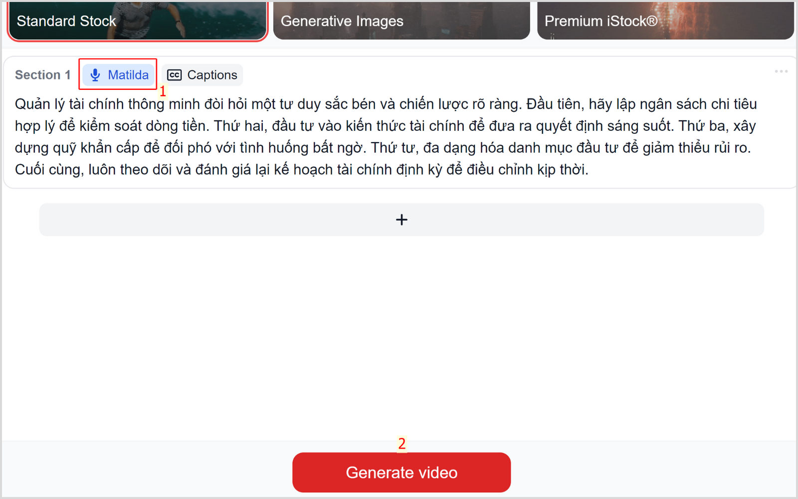 Chọn giọng đọc phù hợp rồi bấm generate video
