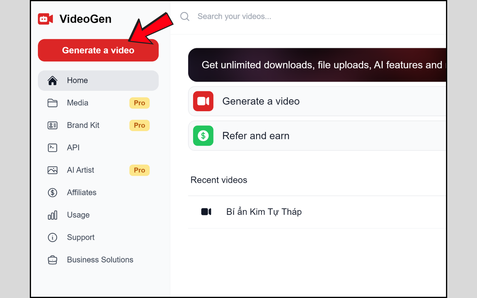 Bấm generate a video để Tạo Video Với AI VideoGen
