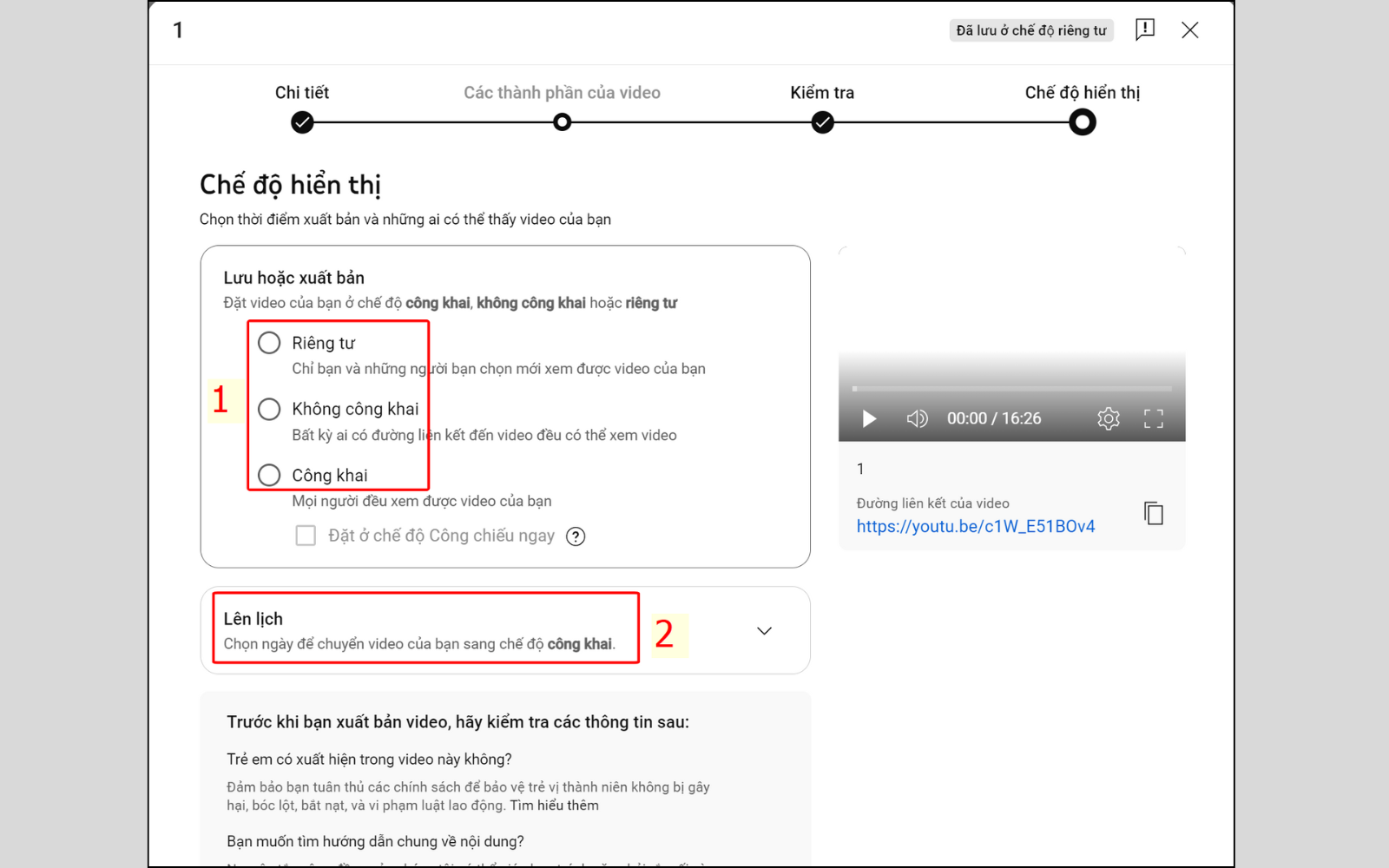 Chọn chế độ xuất bản video