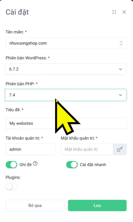 Chọn tên miền, phiên bản PHP và mật khẩu để cài đặt website