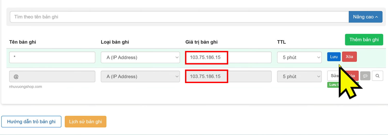 Thêm bản ghi A và A+ trỏ đến IP