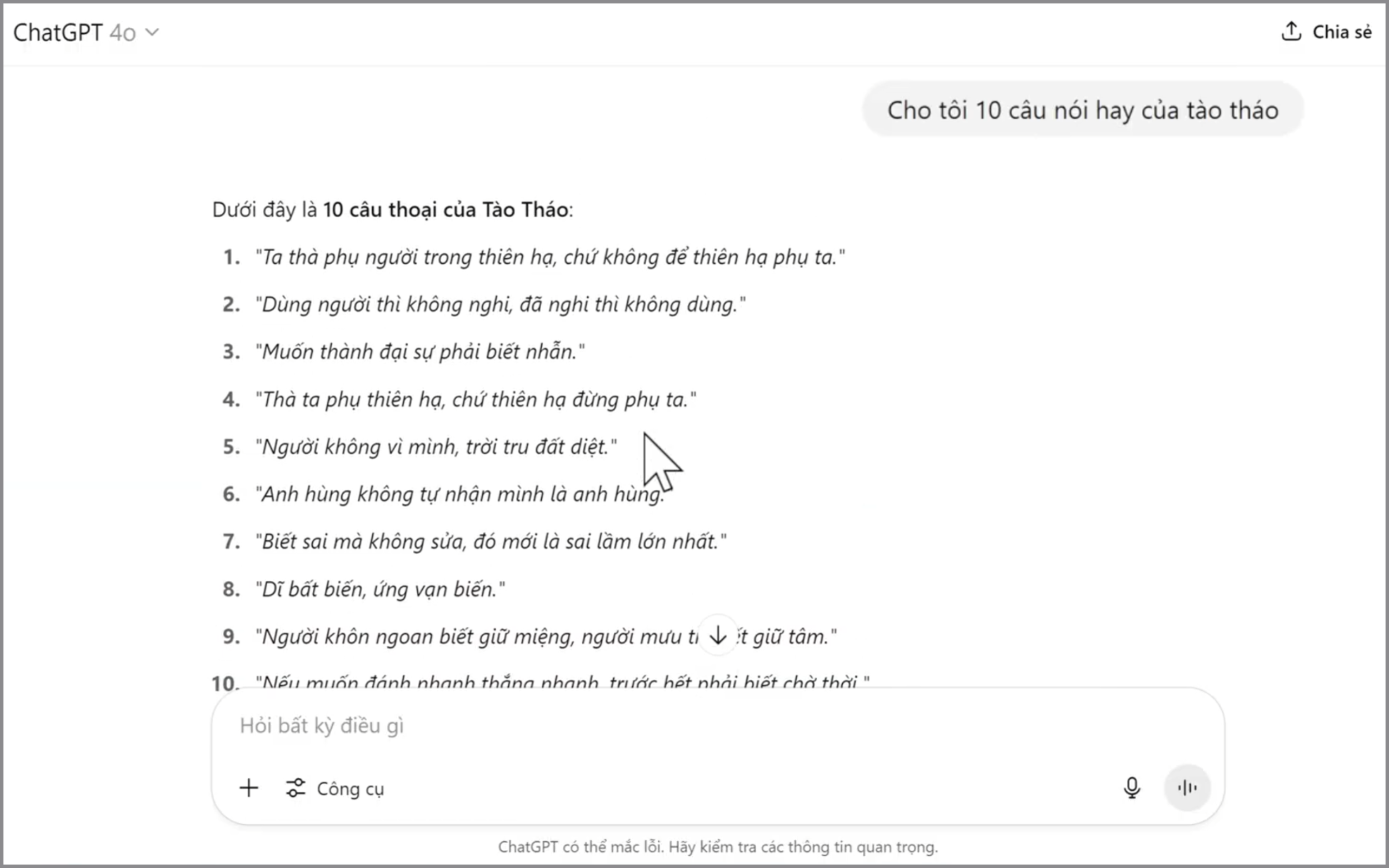 Gợi ý câu nói Tào Tháo hay bằng AI