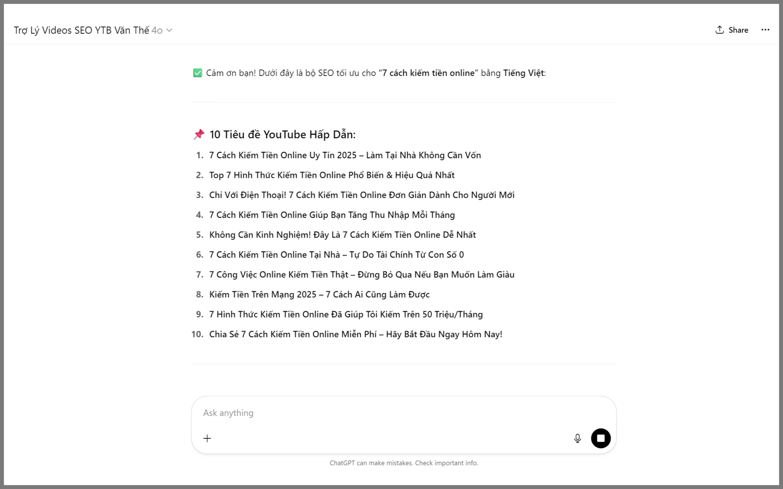 Tạo Tiêu Đề YouTube Từ ChatGPT