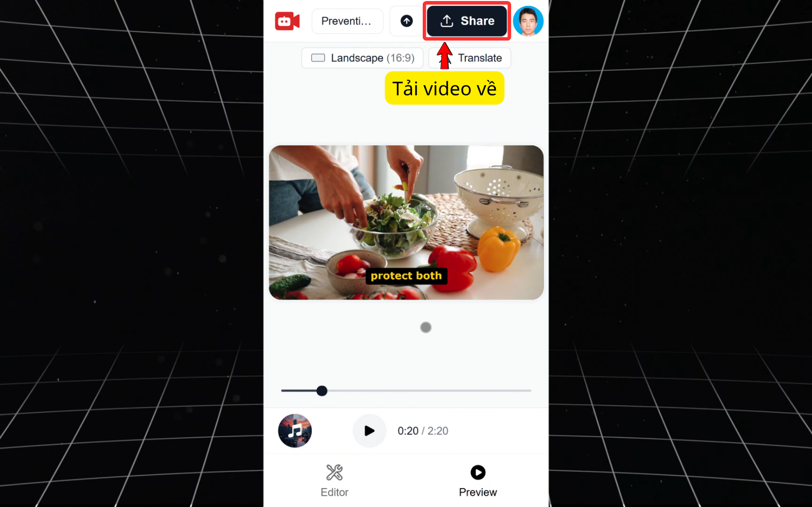 Bấm vào share để tải video về
