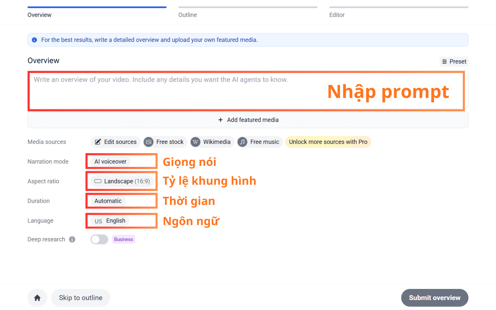 Nhập câu lệnh (prompt) để tạo video