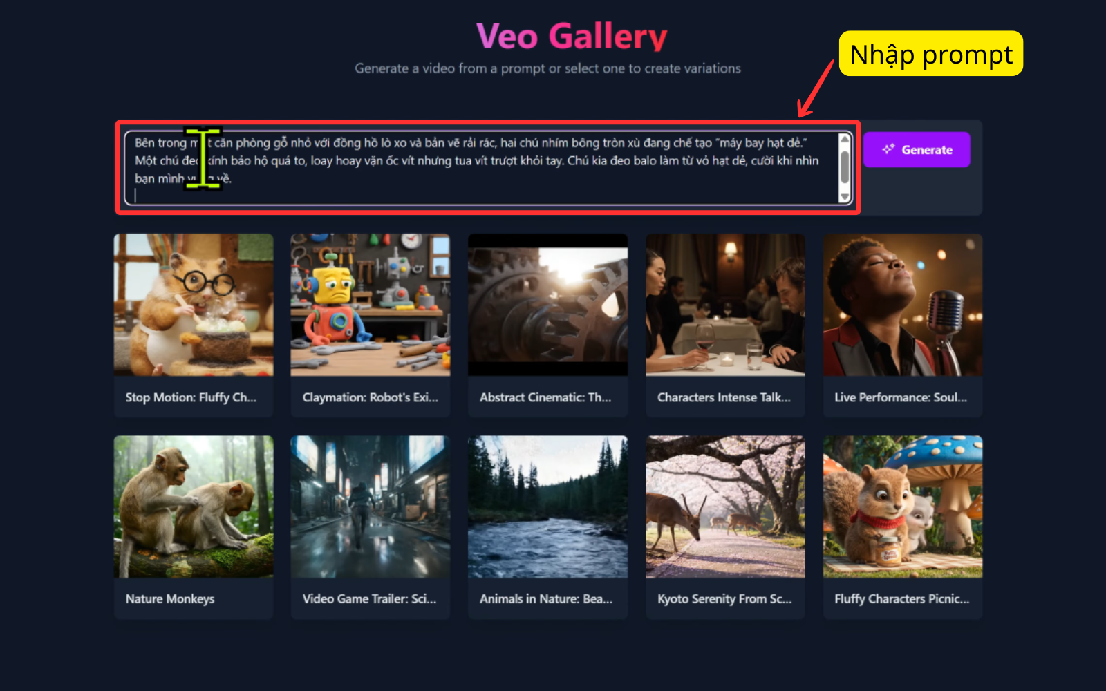 Nhập prompt mô tả video