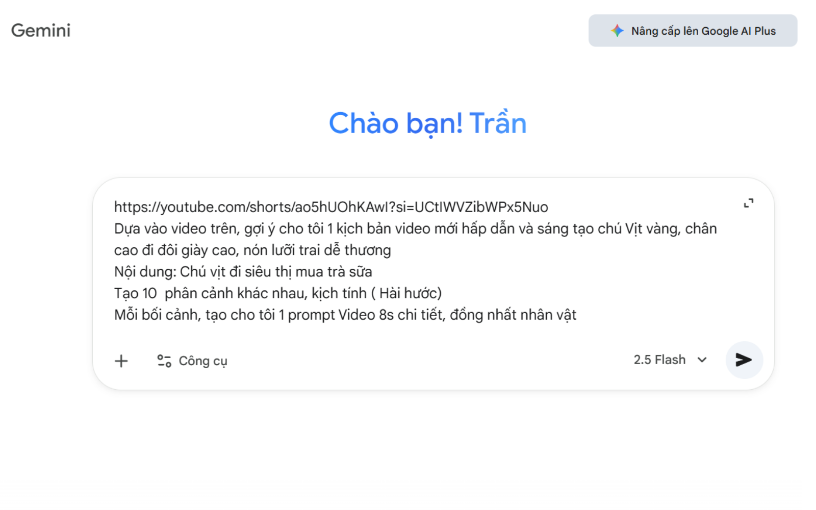 Dán Link video và Prompt vào Gemini