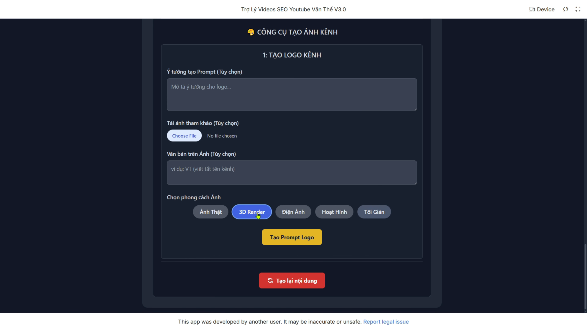 Tạo logo kênh bằng AI trong Tool AI SEO YouTube Tự Động 100%